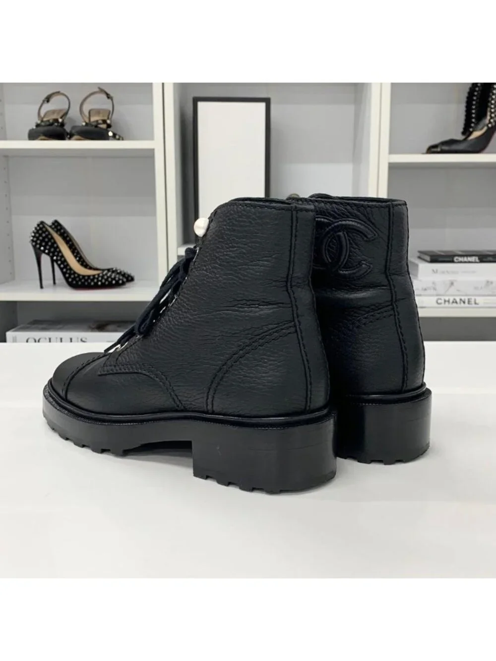 Chanel CC Logo Leather Pearl Lace-up Short Boots Black